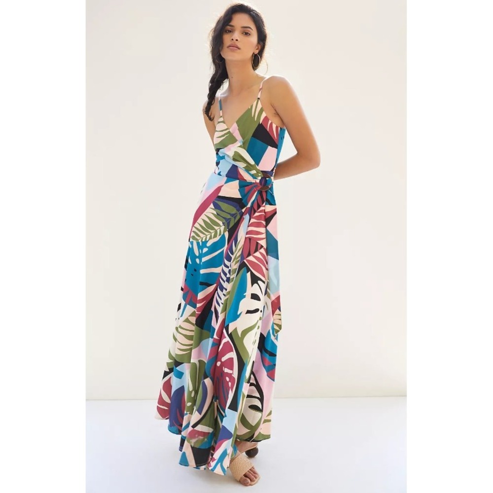 Hutch Anthropologie Sohla Wrap Maxi Dress Multi Tropical Wedding Guest Maxi Sz M